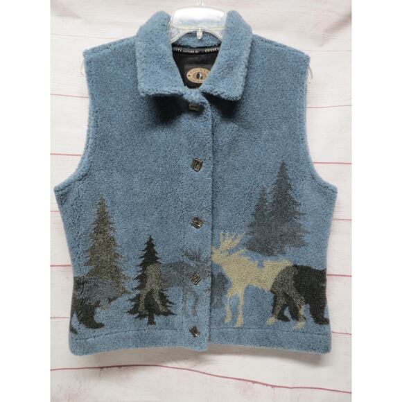 County Clothing Co Size Large Blue Fleece Vest w/ Elk, Moose, Bear Trees Nature - Picture 1 of 9
